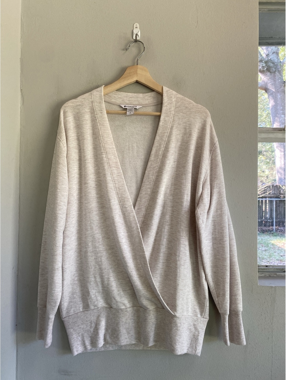 Athleta Purana V-Neck Wrap Sweatshirt Heather Oatmeal S